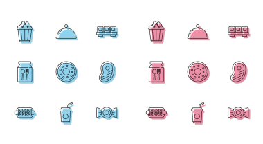 Set line Hotdog sandwich Paper glass with straw Popcorn in box Candy Donut Steak meat Online ordering delivery and Covered tray icon. Vector.