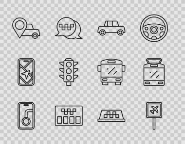 Set line City map navigation Airport Car Taximeter Location with taxi Traffic light car roof and Tram and railway icon. Vector.