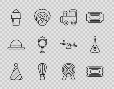 Set line Party hat Circus ticket Toy train Hot air balloon Ice cream fire hoop Target and Balalaika icon. Vector.