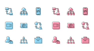 Set line Freelancer Hierarchy organogram chart Online working Briefcase Video camera Off on laptop Camera and icon. Vector.