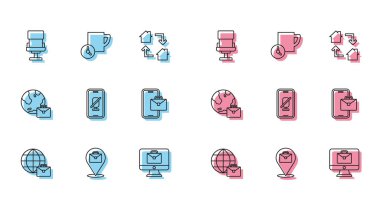 Set line Online working Office chair Mute microphone on mobile Freelancer and Time management icon. Vector.