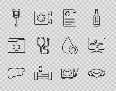 Set line Human organ liver Medical protective mask Patient record Hospital bed Crutch crutches Stethoscope Ultrasound and Heart rate icon. Vector.