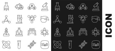 Set line Chemical formula H2O Atom Test tube Sulfur dioxide SO2 flask on stand Molecule and icon. Vector.