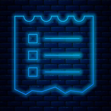 Parlayan neon hattı alışveriş listesi simgesi tuğla duvar arka planında izole edildi. Vektör.
