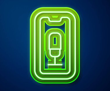 Parlayan neon hattı mobil kayıt simgesi mavi arkaplanda izole edildi. Mikrofonlu cep telefonu. Ses kaydedici uygulama akıllı telefon arayüzü. Vektör.
