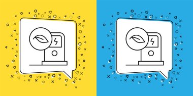 Elektrik hattı şarj istasyonu simgesi sarı ve mavi arka planda izole edildi. Eko elektrik yakıt pompası tabelası. Vektör.