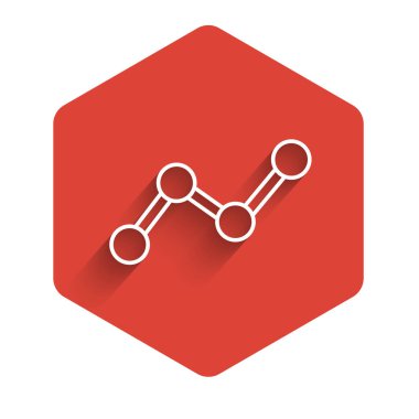 Beyaz çizgi grafiği, çizelgesi, çizelgesi, diyagramı, bilgi grafiği, uzun gölge arkaplanı ile izole edilmiş turta grafik simgesi. Kırmızı altıgen düğmesi. Vektör.