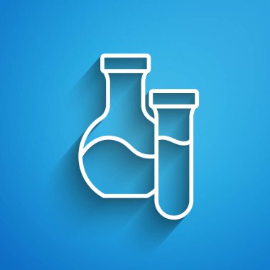 Mavi arka planda beyaz çizgi test tüpü ve kimyasal test ikonu izole edildi. Laboratuvar cam levhası. Uzun gölge. Vektör.