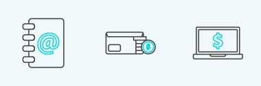 Set line Laptop with dollar symbol Address book and Envelope coin icon. Vector.