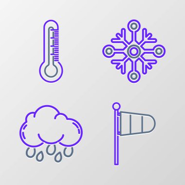 Set line Cone meteorology windsock wind vane Cloud with rain Snowflake and Thermometer icon. Vector.