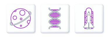 Set line Space shuttle and rockets Planet and DNA symbol icon. Vector.