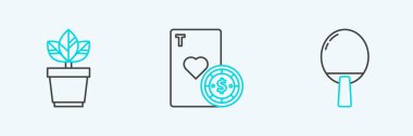 Set line Racket for playing table tennis Flowers pot and Casino chip and cards icon. Vector.