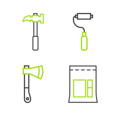 Set line Cement bag Wooden axe Paint roller brush and Claw hammer icon. Vector.