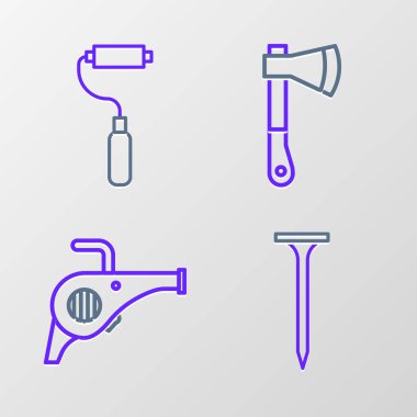 Set line Metallic nail Leaf garden blower Wooden axe and Paint roller brush icon. Vector.