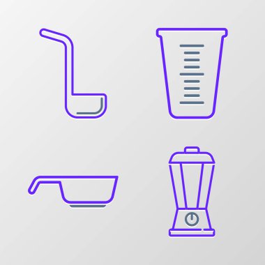 Set line Blender Frying pan Measuring cup and Kitchen ladle icon. Vector.
