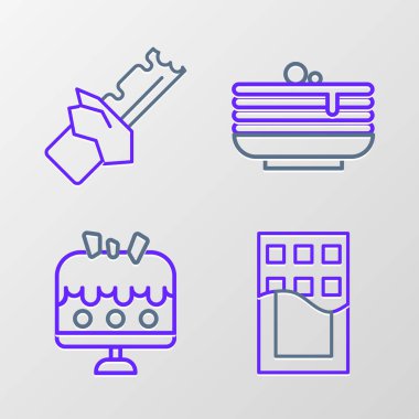 Set line Chocolate bar Cake on plate Stack of pancakes and Bitten chocolate icon. Vector.