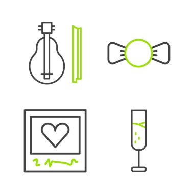 Set line Glass of champagne Photo frames and hearts Bow tie and Violin icon. Vector.