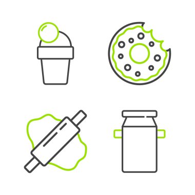 Set line Can container for milk Rolling pin dough Donut and Ice cream icon. Vector.