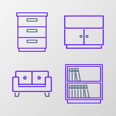 Set line Library bookshelf Sofa Wardrobe and Furniture nightstand icon. Vector.