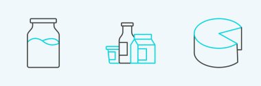 Set line Cheese Bottle with milk and Milk product icon. Vector.