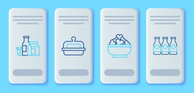 Set line Butter in a butter dish Cottage cheese Milk product and Bottle with milk icon. Vector.