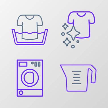 Set line Measuring cup, Washer, Drying clothes and Basin with shirt icon. Vector