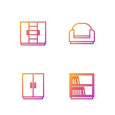 Set line Library bookshelf, Wardrobe,  and Armchair. Gradient color icons. Vector