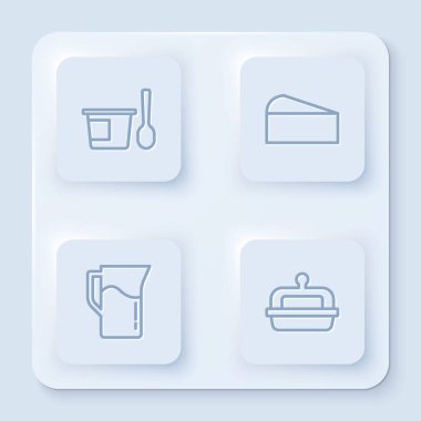 Set line Yogurt container with spoon, Cheese, Milk jug or pitcher and Butter butter dish. White square button. Vector