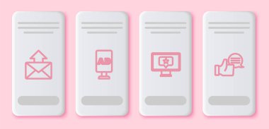 Set line Mail and e-mail, Advertising, Monitor with star and Customer product rating. White rectangle button. Vector