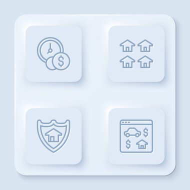 Set line Time is money, Real estate, House with shield and Online real. White square button. Vector