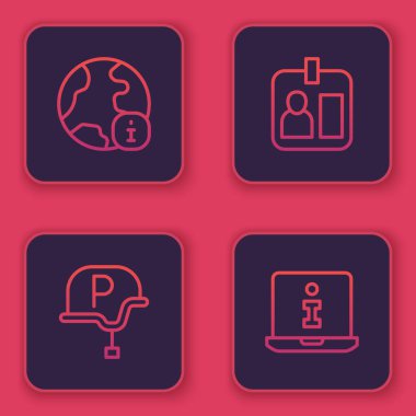 Set line World news, War journalist, Journalist id card and Information. Blue square button. Vector