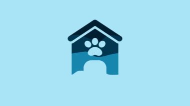 Blue Dog house and paw print pet icon isolated on blue background. Dog kennel. 4K Video motion graphic animation .