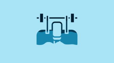 Blue Bench with barbel icon isolated on blue background. Gym equipment. Bodybuilding, powerlifting, fitness concept. 4K Video motion graphic animation .