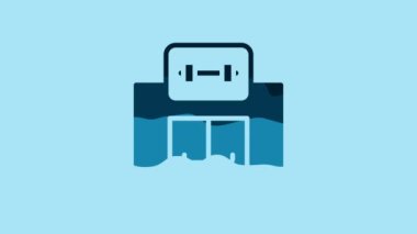 Blue Gym building icon isolated on blue background. Sport club. 4K Video motion graphic animation .