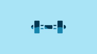 Blue Dumbbell icon isolated on blue background. Muscle lifting icon, fitness barbell, gym, sports equipment, exercise bumbbell. 4K Video motion graphic animation .