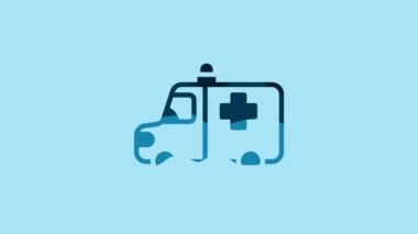 Blue Ambulance and emergency car icon isolated on blue background. Ambulance vehicle medical evacuation. 4K Video motion graphic animation .