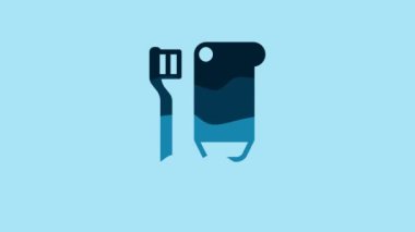 Blue Toothbrush and tube of toothpaste icon isolated on blue background. Disposable bathroom supplies. 4K Video motion graphic animation .