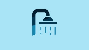 Blue Shower head with water drops flowing icon isolated on blue background. 4K Video motion graphic animation .