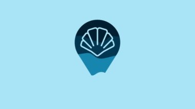 Blue Scallop sea shell icon isolated on blue background. Seashell sign. 4K Video motion graphic animation .