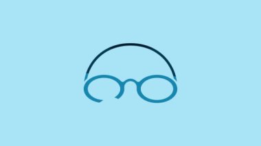 Blue Glasses and cap for swimming icon isolated on blue background. Swimming cap and goggles. Diving underwater equipment. 4K Video motion graphic animation .
