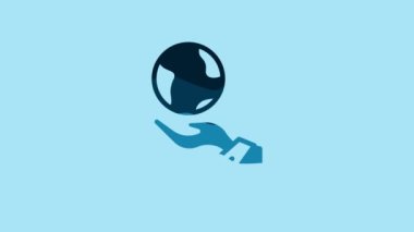 Blue Human hands holding Earth globe icon isolated on blue background. Save earth concept. 4K Video motion graphic animation .