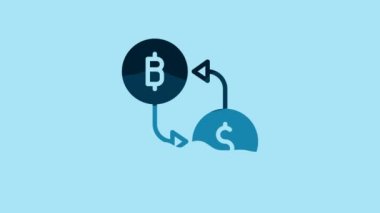 Blue Cryptocurrency exchange icon isolated on blue background. Bitcoin to dollar exchange icon. Cryptocurrency technology, mobile banking. 4K Video motion graphic animation .