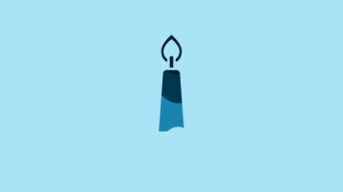 Blue Burning candle in candlestick icon isolated on blue background. Old fashioned lit candle. Cylindrical candle stick with burning flame. 4K Video motion graphic animation .