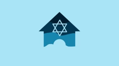 Blue Jewish synagogue building or jewish temple icon isolated on blue background. Hebrew or judaism construction with David star. 4K Video motion graphic animation .