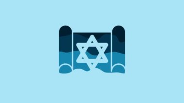 Blue Torah scroll icon isolated on blue background. Jewish Torah in expanded form. Star of David symbol. Old parchment scroll. 4K Video motion graphic animation .