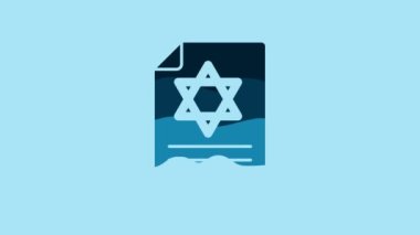 Blue Torah scroll icon isolated on blue background. Jewish Torah in expanded form. Star of David symbol. Old parchment scroll. 4K Video motion graphic animation .