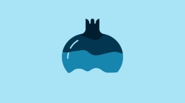 Blue Pomegranate icon isolated on blue background. Garnet fruit. 4K Video motion graphic animation .