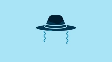 Blue Orthodox jewish hat with sidelocks icon isolated on blue background. Jewish men in the traditional clothing. Judaism symbols. 4K Video motion graphic animation .