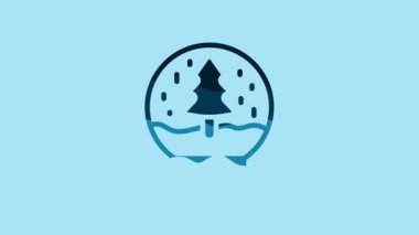 Blue Christmas snow globe with fallen snow and christmas tree icon isolated on blue background. Merry Christmas and Happy New Year. 4K Video motion graphic animation .
