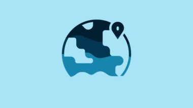 Blue Location on the globe icon isolated on blue background. World or Earth sign. 4K Video motion graphic animation .
